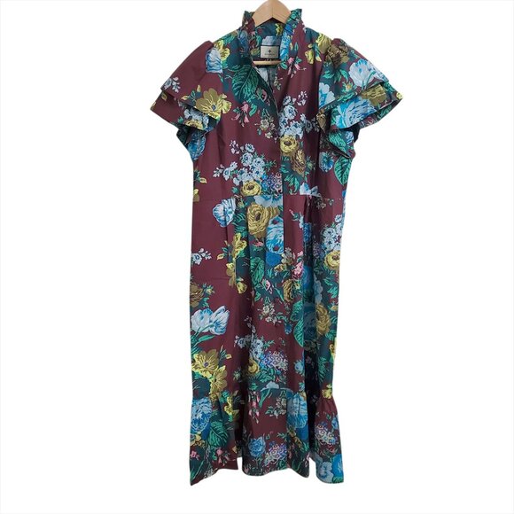 Tuckernuck Alice Midi Dress XL Merlot Oxblood Verdant Floral Print Cotton - Picture 5 of 15